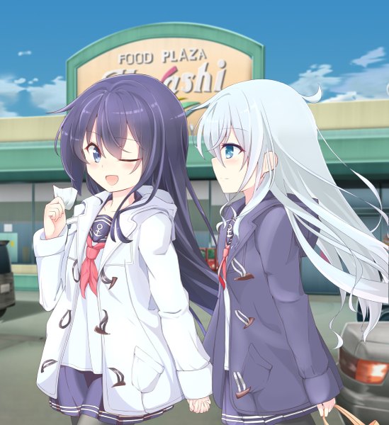 Anime picture 1099x1200 with kantai collection hibiki destroyer akatsuki destroyer moninora (moninora83) long hair tall image blush fringe open mouth blue eyes smile hair between eyes multiple girls looking away sky silver hair purple hair cloud (clouds) ahoge outdoors