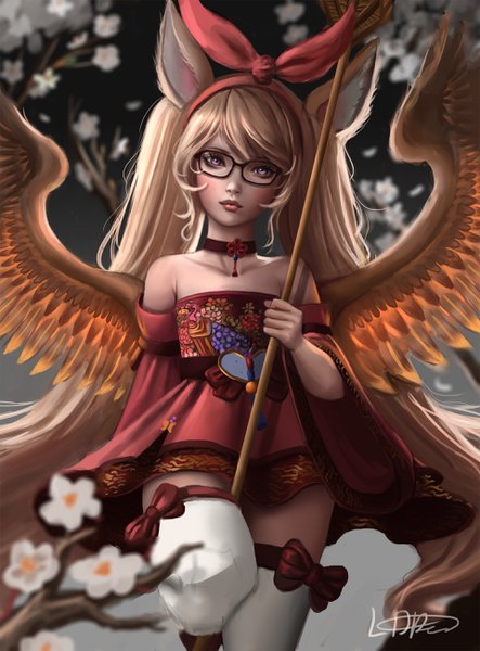 Anime picture 1920x2600 with tera online elin (tera) whails (lana kerr) single tall image looking at viewer highres blonde hair simple background purple eyes bare shoulders holding signed animal ears payot very long hair traditional clothes japanese clothes realistic wide sleeves