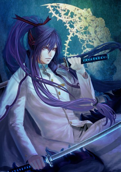 Anime picture 707x1000 with vocaloid kamui gakupo sun dou single long hair tall image looking at viewer purple eyes purple hair ponytail boy weapon sword headphones katana