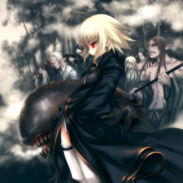 Anime picture 1600x1600 with hitomaru long hair short hair black hair blonde hair red eyes holding ahoge profile teeth flat chest topless steam hands in pockets sharp teeth zombie girl thighhighs white thighhighs jacket