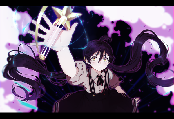 Anime picture 1600x1096 with original eventh7 single blush fringe twintails holding yellow eyes purple hair very long hair from above mole mole under eye magic looking up girl skirt shirt clothes wand
