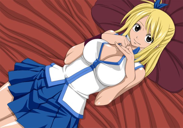 Anime picture 1200x841 with fairy tail lucy heartfilia single long hair looking at viewer breasts light erotic blonde hair smile large breasts bare shoulders lying pleated skirt from above black eyes one side up partially open clothes girl ribbon (ribbons) hair ribbon