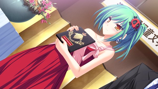 Anime picture 1920x1080 with maikaze no melt enomoto yoshika tenmaso highres short hair wide image game cg green hair mole orange eyes mole under eye girl dress red dress