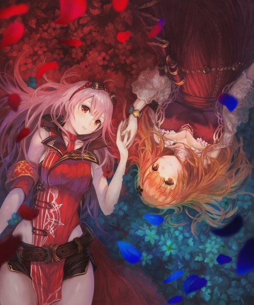 Anime picture 1708x2048 with yoru no nai kuni gust (company) arnas (yoru no nai kuni) lyuritis (yoru no nai kuni) yoshiku (oden-usagi) long hair tall image looking at viewer blush fringe highres breasts smile red eyes large breasts bare shoulders multiple girls pink hair cleavage lying