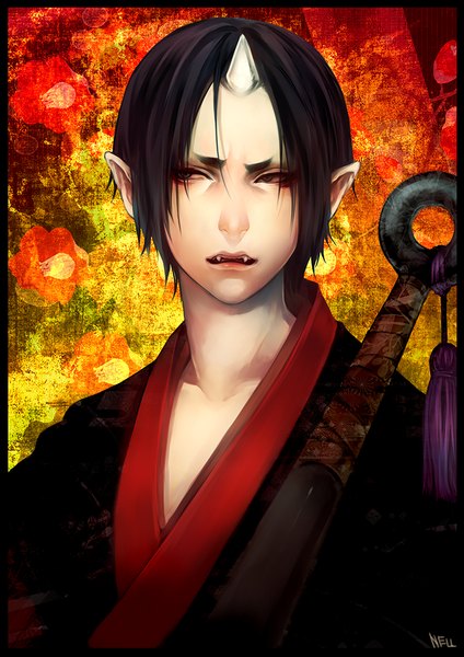 Anime picture 744x1052 with hoozuki no reitetsu wit studio hoozuki (hoozuki no reitetsu) nell (hazy) single tall image short hair open mouth black hair signed looking away traditional clothes japanese clothes horn (horns) pointy ears black eyes teeth fang (fangs) framed boy