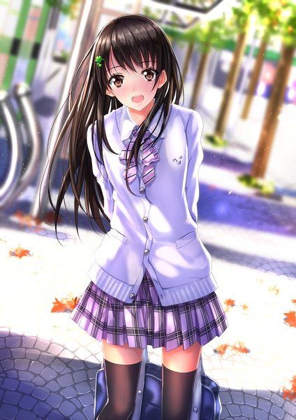 Anime picture 1102x1560 with original swordsouls single long hair tall image looking at viewer blush black hair brown eyes pleated skirt plaid skirt hands behind back girl thighhighs skirt uniform hair ornament black thighhighs school uniform miniskirt
