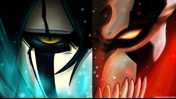 Anime picture 1200x675 with bleach studio pierrot kurosaki ichigo ulquiorra schiffer black hair wide image green eyes yellow eyes red hair glowing close-up face glowing eye (eyes) espada mask