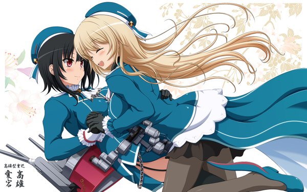 Anime picture 1920x1200 with kantai collection atago heavy cruiser takao heavy cruiser shira-nyoro long hair blush highres open mouth black hair blonde hair smile wide image multiple girls eyes closed pink eyes holding hands girl gloves 2 girls pantyhose