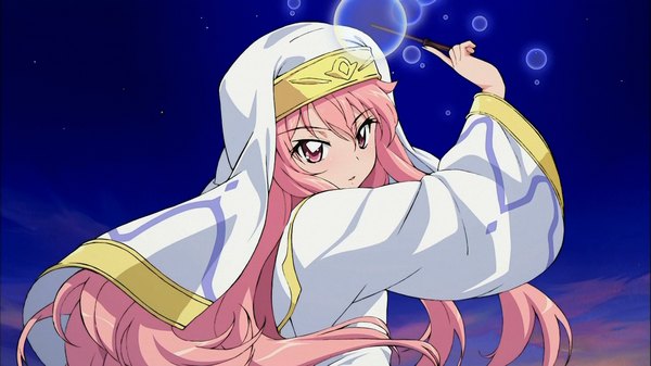 Anime picture 2134x1200 with zero no tsukaima j.c. staff louise francoise le blanc de la valliere single long hair fringe highres hair between eyes wide image pink hair pink eyes night magic girl wand