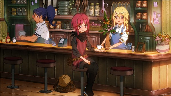 Anime picture 1200x674 with original kikuchi (xpoz) blush wide image red hair waitress flower (flowers) pantyhose coffee bar