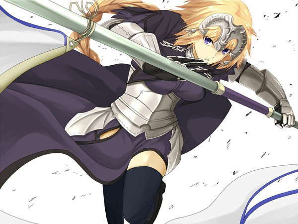 Anime picture 1119x840 with fate (series) fate/apocrypha type-moon jeanne d'arc (fate) (all) jeanne d'arc (fate) ikinokorubatu (artist) single long hair looking at viewer blonde hair simple background white background purple eyes braid (braids) single braid girl thighhighs dress armor mantle