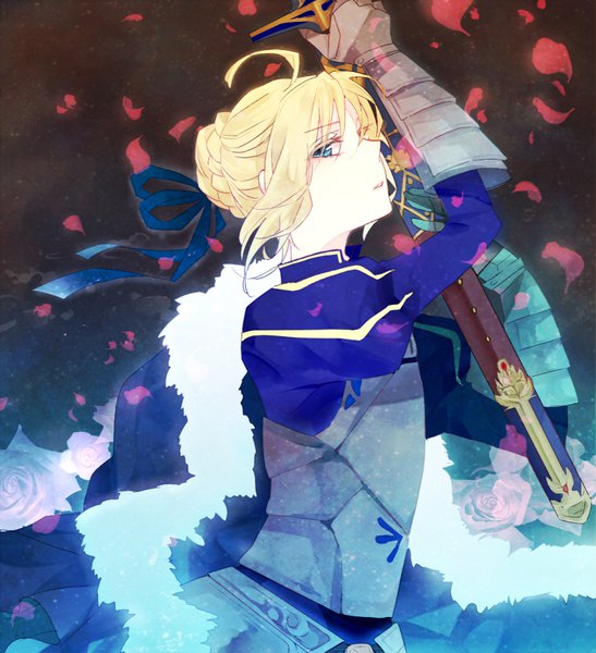 Anime picture 795x872 with fate (series) fate/stay night artoria pendragon (all) saber shijima tohiro single tall image looking at viewer short hair blue eyes blonde hair payot upper body ahoge profile arm up girl flower (flowers) ribbon (ribbons) hair ribbon