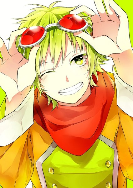 Anime picture 627x886 with vocaloid gumo sogawa single tall image fringe short hair simple background smile hair between eyes white background green eyes upper body one eye closed green hair from above looking up goggles on head boy scarf