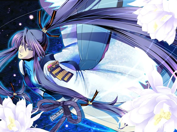 Anime picture 2000x1500 with vocaloid kamui gakupo child-box single long hair highres blue eyes purple hair ponytail very long hair boy flower (flowers) ribbon (ribbons) hair ribbon sword headphones katana