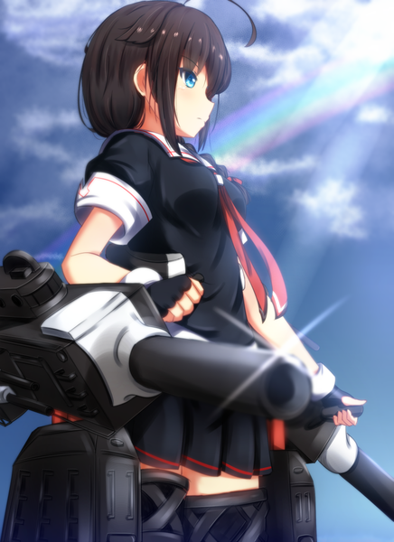Anime picture 873x1200 with kantai collection shigure destroyer cuon (kuon) single long hair tall image blue eyes black hair sky cloud (clouds) profile girl weapon sailor suit rainbow