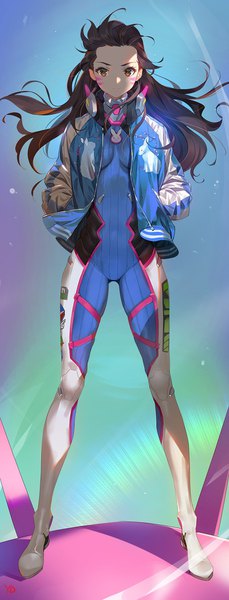 Anime picture 800x2095 with overwatch blizzard entertainment d.va (overwatch) yd (orange maru) single long hair tall image looking at viewer smile brown hair standing brown eyes spread legs floating hair facial mark whisker markings hands in pockets drawing >:) aurora borealis