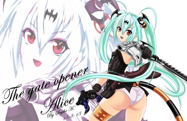 Anime picture 2400x1555 with queen's gate alice (queen's gate) miyabi urumi renreteya long hair looking at viewer highres light erotic twintails very long hair green hair zoom layer girl gloves underwear panties weapon gun