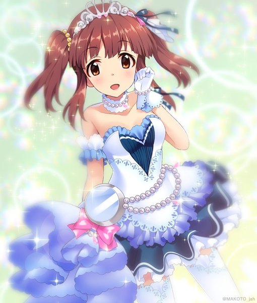 Anime picture 850x1000 with idolmaster idolmaster cinderella girls idolmaster cinderella girls starlight stage ogata chieri mizuki makoto single long hair tall image blush open mouth brown hair twintails brown eyes starry sky bright girl thighhighs dress gloves bow white thighhighs