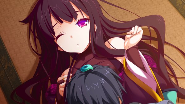 Anime picture 1280x720 with sengoku hime 4 long hair black hair wide image purple eyes game cg lying traditional clothes one eye closed wink girl