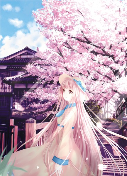 Anime picture 1155x1600 with kobato clamp hanato kobato merier single tall image looking at viewer fringe smile purple eyes pink hair sky cloud (clouds) very long hair sunlight cherry blossoms spring girl dress plant (plants)