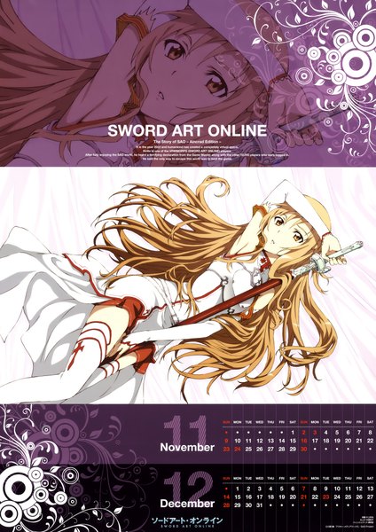 Anime picture 2970x4200 with sword art online a-1 pictures yuuki asuna long hair tall image highres brown hair brown eyes scan calendar 2014 girl thighhighs weapon detached sleeves white thighhighs sword cloak calendar