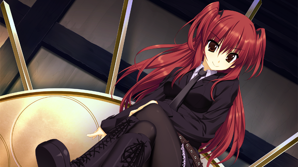 Anime picture 1024x576 with nekonade distortion nanakase yui single long hair red eyes wide image sitting game cg red hair two side up crossed legs short twintails lacing lace-up boots girl shirt necktie boots knee boots cross-laced footwear