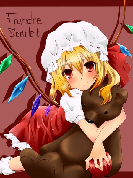 Anime picture 1200x1600 with touhou flandre scarlet nali (sougetu1110) single tall image looking at viewer blush short hair blonde hair smile red eyes loli girl dress wings socks white socks bonnet crystal teddy bear