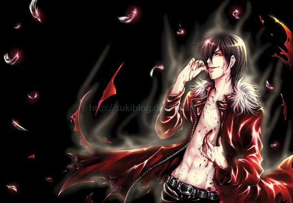 Anime picture 1440x1000 with original sukiblog looking at viewer fringe short hair black hair red eyes hair over one eye open clothes open jacket grin dark background muscle vampire boy navel jacket blood