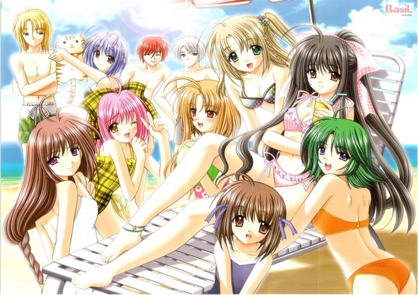 Anime picture 3307x2340 with sore wa maichiru sakura no you ni hoshizaki nozomi satomi kodama yukimura komachi mori aoba yaegashi tsubasa serizawa kagura yuuki hikari nishimata aoi highres multiple girls scan multiple boys 6+ girls 8 girls crease girl boy swimsuit bikini