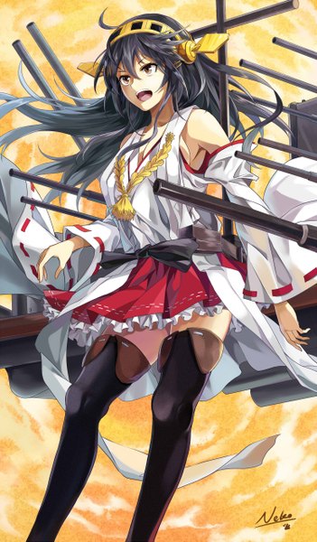 Anime picture 1500x2558 with kantai collection haruna battleship neko (yanshoujie) single long hair tall image open mouth black hair brown eyes ahoge traditional clothes miko girl thighhighs hair ornament weapon black thighhighs hairband