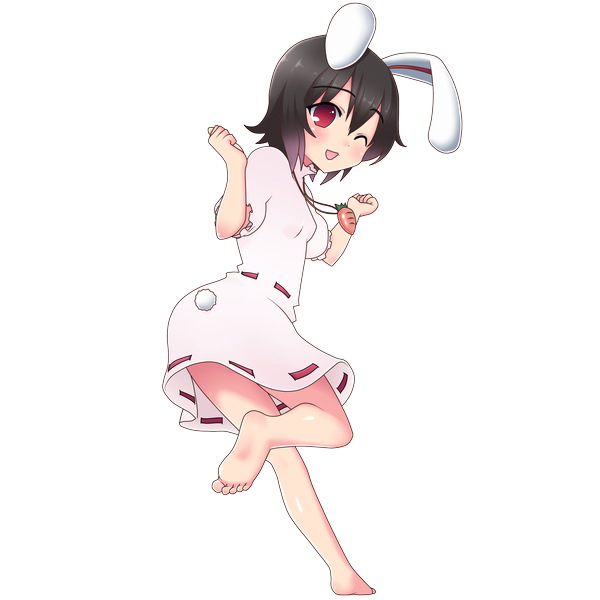 Anime picture 3000x3000 with touhou inaba tewi naze single blush highres short hair black hair red eyes one eye closed barefoot wink bunny ears transparent background girl sundress