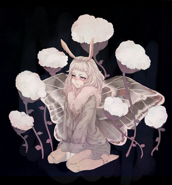 Anime picture 1051x1133 with original hachiyuki single long hair tall image blonde hair red eyes sitting animal ears looking away crying insect wings butterfly wings girl plant (plants) wings jacket teardrop