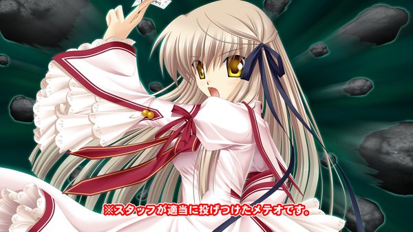 Anime picture 1280x720 with rewrite senri akane long hair open mouth wide image yellow eyes game cg white hair inscription girl uniform ribbon (ribbons) hair ribbon school uniform ofuda