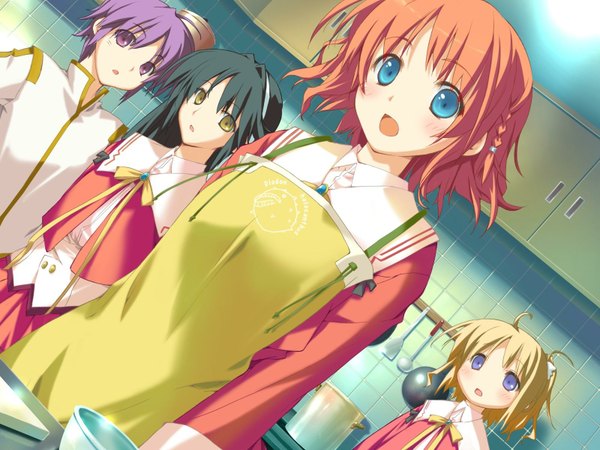 Anime picture 1600x1200 with happy margaret amagahara inaho minahase karin kitanoji nozomi tsuwabuki akira kokonoka long hair short hair open mouth blue eyes black hair blonde hair multiple girls yellow eyes game cg purple hair red hair girl uniform school uniform