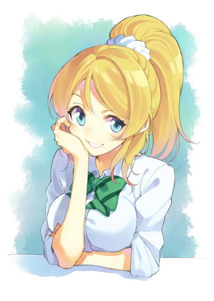 Anime picture 570x800 with love live! school idol project sunrise (studio) love live! ayase eli t-okada single long hair tall image looking at viewer blush fringe breasts open mouth blue eyes blonde hair smile hair between eyes white background payot upper body