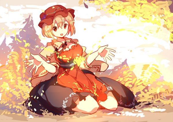 Anime picture 1000x707 with touhou aki minoriko yetworldview kaze single looking at viewer short hair open mouth blonde hair red eyes sitting cleavage spread arms autumn girl dress leaf (leaves) bonnet autumn leaves