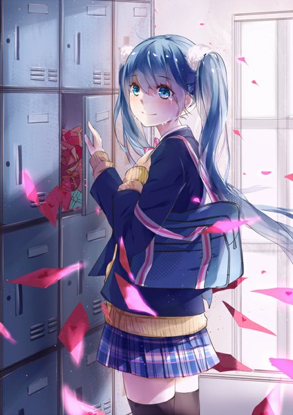 Anime picture 600x848 with vocaloid hatsune miku moami single tall image looking at viewer blush fringe smile standing twintails ahoge indoors very long hair pleated skirt aqua eyes wind sunlight aqua hair zettai ryouiki