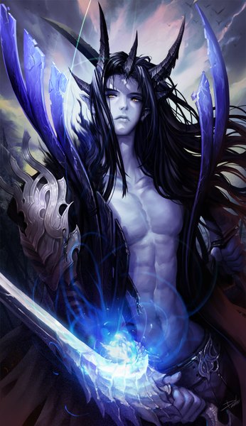 Anime-Bild 800x1385 mit original danhu single long hair tall image black hair holding signed yellow eyes looking away sky head tilt wind lips pointy ears muscle glowing weapon blue skin boy navel