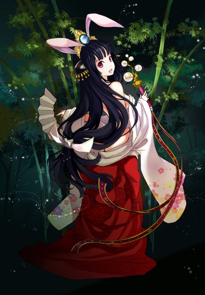 Anime picture 2067x2968 with million arthur (series) kaku-san-sei million arthur square enix chushengdao single long hair tall image looking at viewer fringe highres open mouth light erotic black hair red eyes standing animal ears ass traditional clothes japanese clothes looking back