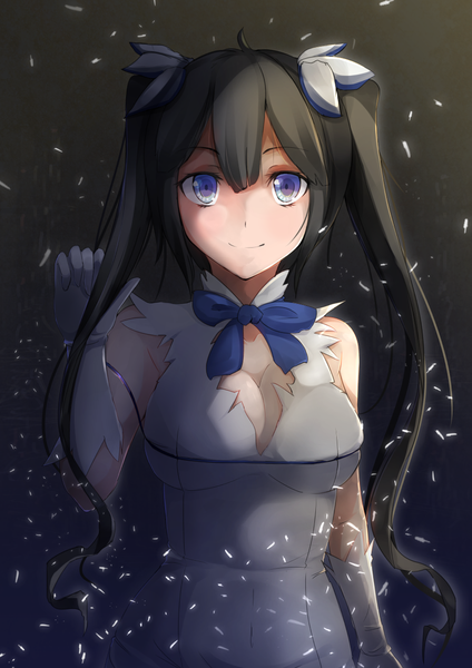 Anime picture 850x1202 with dungeon ni deai wo motomeru no wa machigatteiru darou ka j.c. staff hestia (danmachi) koroneko single long hair tall image looking at viewer fringe black hair simple background smile twintails purple eyes bare shoulders black background rei no himo girl dress gloves