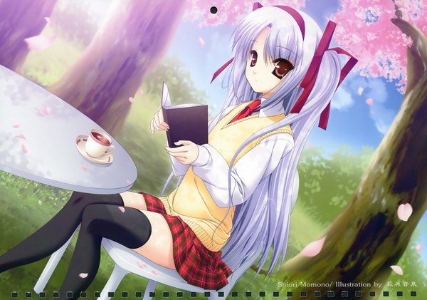 Anime picture 4067x2855 with 11 eyes doga kobo momono shiori single long hair highres sitting brown eyes absurdres purple hair scan inscription cherry blossoms girl thighhighs uniform ribbon (ribbons) black thighhighs plant (plants) hair ribbon