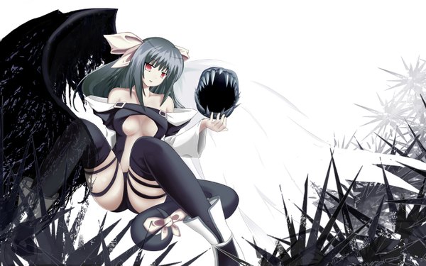 Anime picture 1440x900 with guilty gear dizzy (guilty gear) long hair breasts light erotic red eyes wide image blue hair tail midriff underboob center opening thighhighs navel bow hair bow wings motimoti