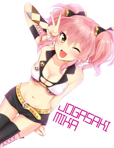 Anime picture 800x1035 with idolmaster idolmaster cinderella girls jougasaki mika pu uq tall image blush short hair breasts open mouth light erotic white background twintails yellow eyes pink hair one eye closed wink midriff short twintails charismatic gal girl