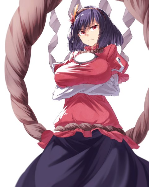 Anime picture 1200x1500 with touhou yasaka kanako ibuki notsu single tall image short hair breasts simple background red eyes large breasts white background looking away purple hair from below crossed arms girl rope