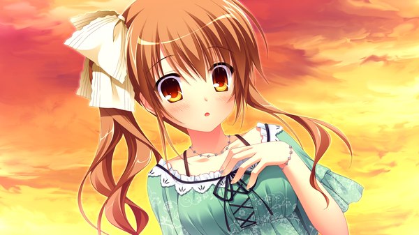 Anime picture 2560x1440 with love la bride omigawa hitomi takano yuki (allegro mistic) single long hair blush highres brown hair wide image game cg cloud (clouds) ponytail side ponytail girl dress