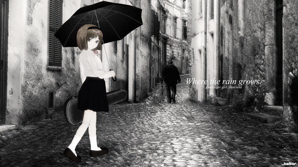 Anime picture 1680x945 with gunslinger girl madhouse henrietta (gunslinger girl) looking at viewer short hair brown hair wide image brown eyes looking back inscription girl boy skirt uniform bow hair bow school uniform shirt hairband umbrella