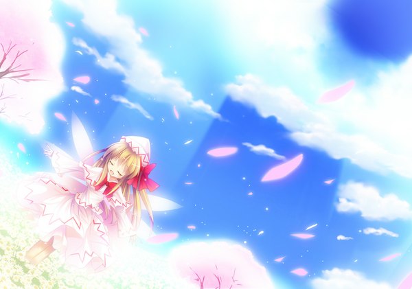 Anime picture 1000x702 with touhou lily white natsumikan single long hair open mouth blonde hair sky cloud (clouds) eyes closed girl dress hat petals wings
