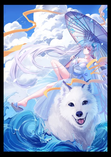 Anime picture 1480x2093 with original qinshou single tall image fringe breasts sitting twintails holding cleavage cloud (clouds) very long hair hair flower aqua eyes aqua hair happy riding girl hair ornament flower (flowers)