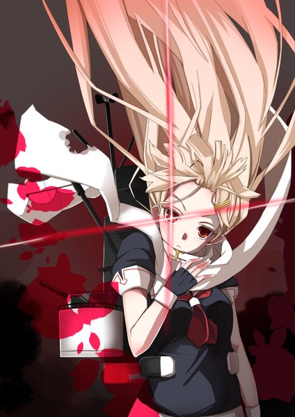 Anime picture 1191x1684 with kantai collection yuudachi destroyer baicha single long hair tall image looking at viewer blonde hair red eyes remodel (kantai collection) girl gloves hair ornament weapon necktie hairclip scarf gun blood