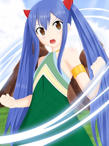 Anime picture 4050x5400 with fairy tail wendy marvell osama00 single long hair tall image highres open mouth twintails brown eyes blue hair absurdres sky cloud (clouds) loli coloring magic mountain girl dress